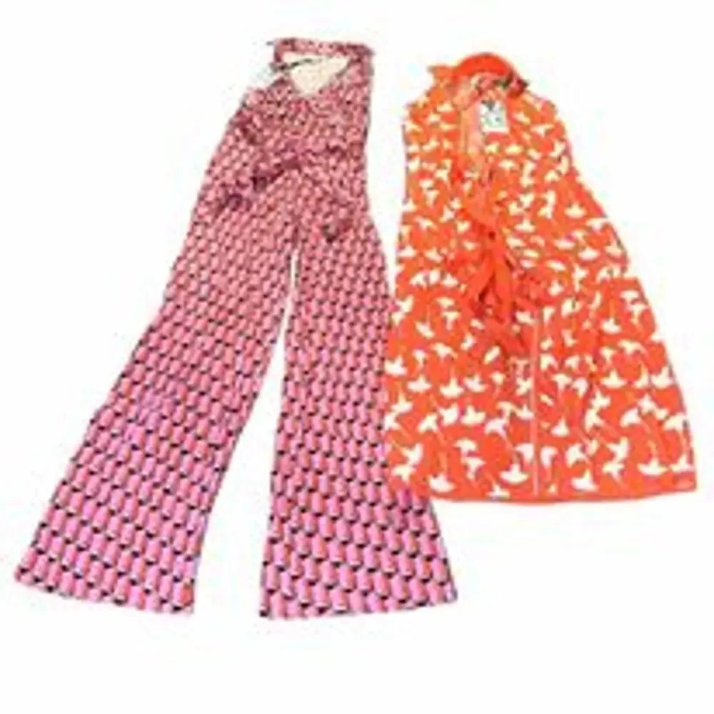 Diane Von Furstenberg XXS Set Pink Modern Geo Jumpsuit‎ & Orange Grinkgo Wrap